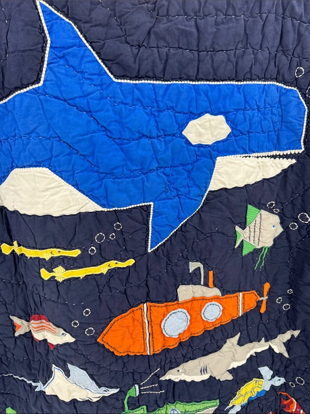 Pottery Barn Kids toddler bed Navy Quilt Submarine Marine shark whale 33x46